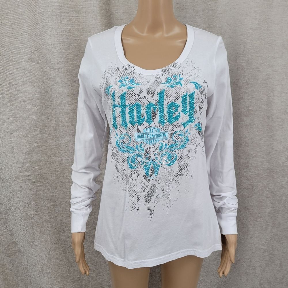 Harley Davidson White Long Sleeve Top Teal Blue Rhinestones Metallic Snake Print